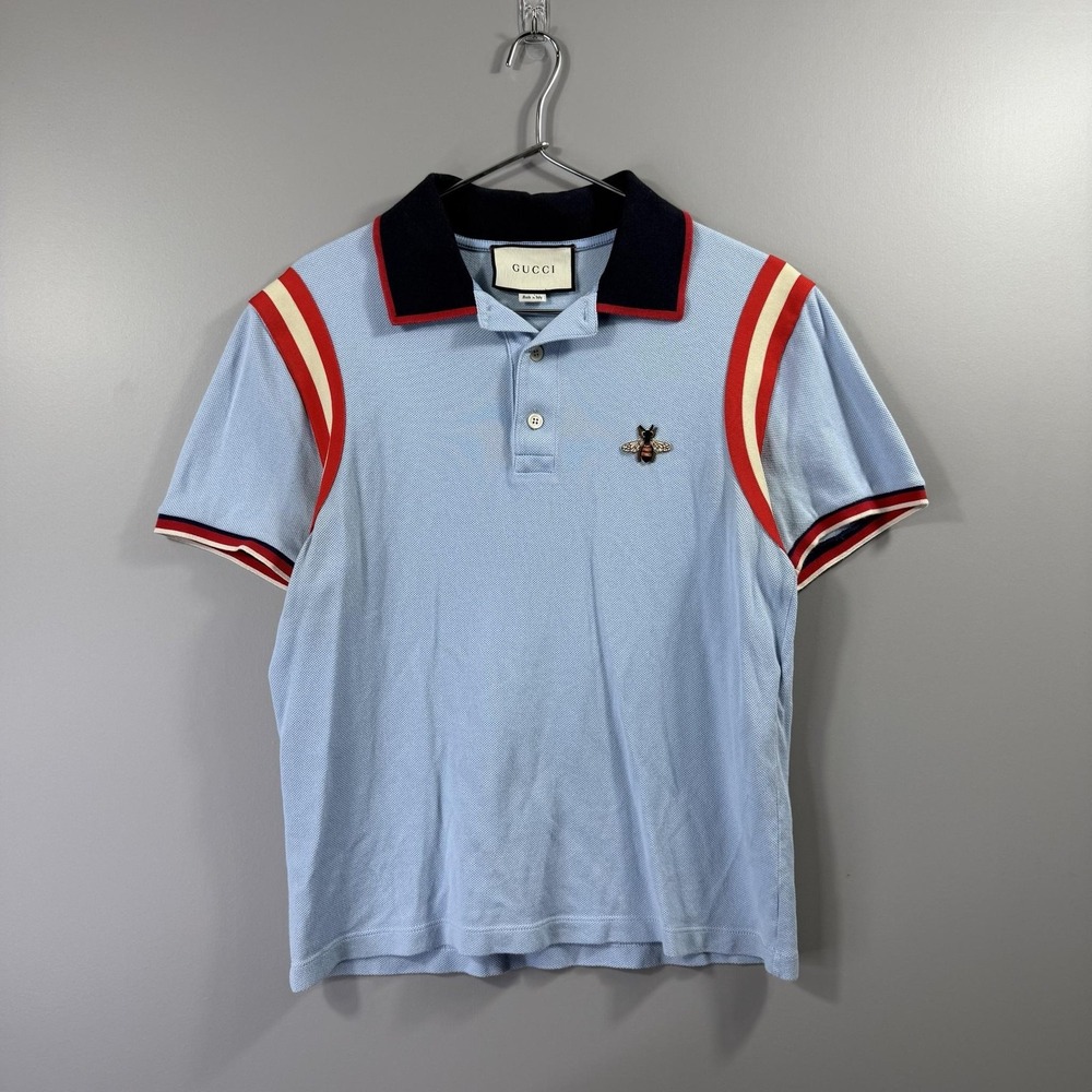 Gucci Polo Shirt Womens Medium Blue Bee Embroidered Striped Navy Made In Italy